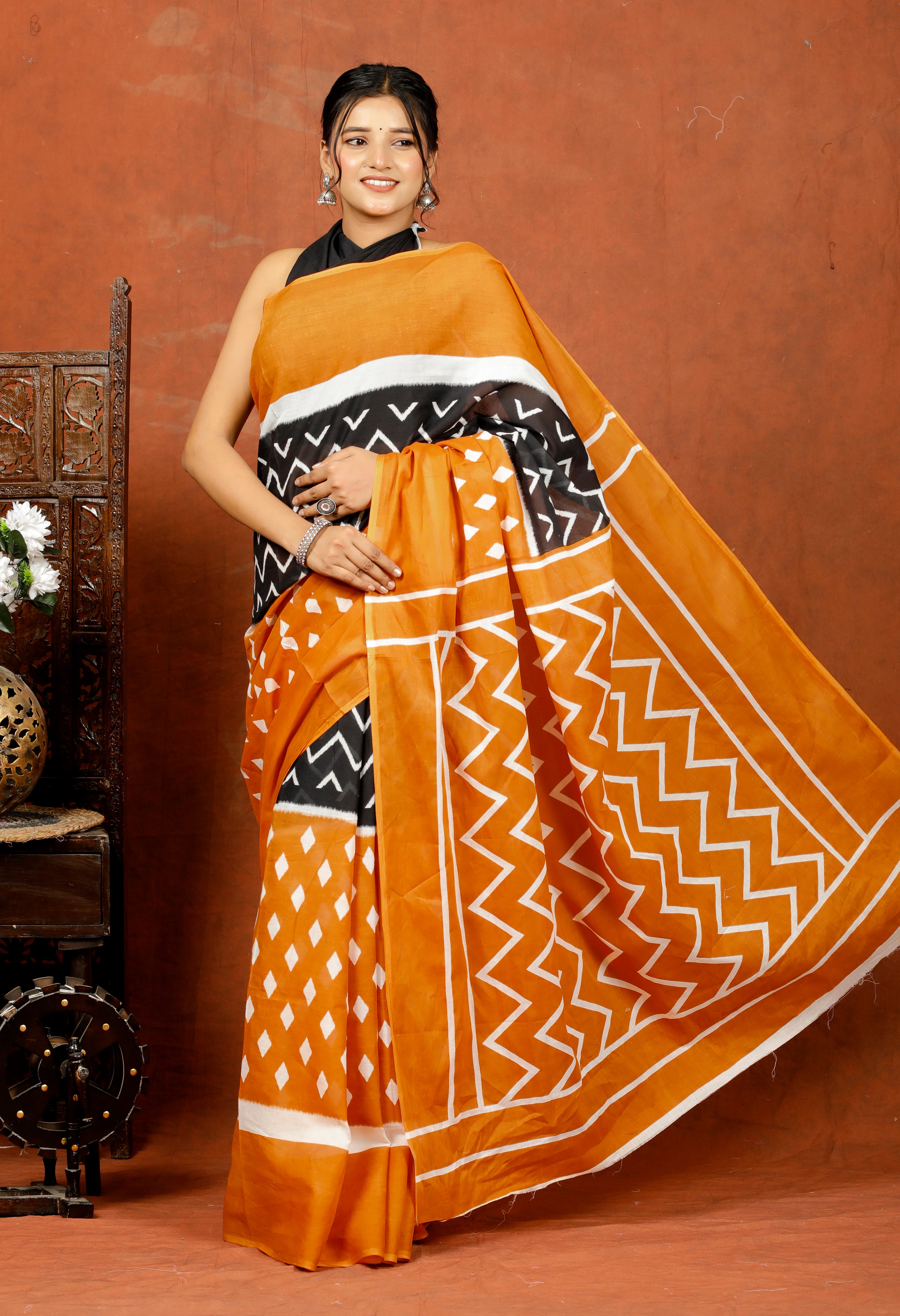 Traditional Orange and Black Printed Saree with Blouse Piece view 3